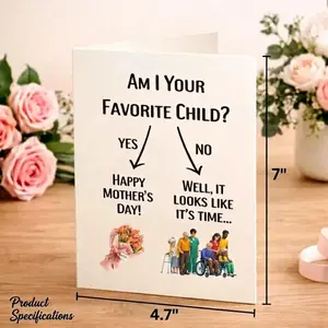 Funny Mother's Day Card with Blank Inside, "Favorite Child" Gag Greeting Card for Mom, DIY Personalized Cardstock Folded Card with Envelope, Hilarious Gift from Son or Daughter