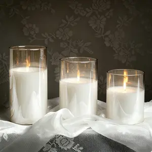 JMTONE Radiance Evanescing Flameless Candles with Remote,3 Pack Glass Battery Operated Candles with Timer, Real WaxGlass LED Candles Flickering Wedding Home Party Christmas