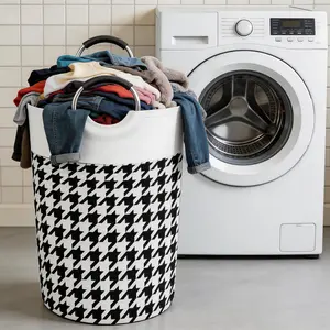 Foldable Laundry Hamper, Large Collapsible Basket with Handles, Stylish Houndstooth for Bathroom, Dorm & Home Storage