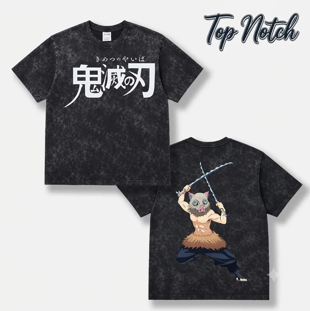 Vintage Acid Wash Demon Slayer T Shirt Inosuke Hashibira Boar Mask Anime Graphic Tee Retro Distressed Oversized Washed Black Short Sleeve Unisex Casual Manga Streetwear Gift For Anime Fans Men Women