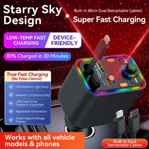 4-in-1 Bluetooth 5.3 Car FM Transmitter Charger with Starry Sky LED Light, 80cm Retractable Cables, 5V USB Port, Adjustable Stand