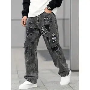 Men'sFashionDistressedEmbroideryPatternDenimJeans,EmoStyle