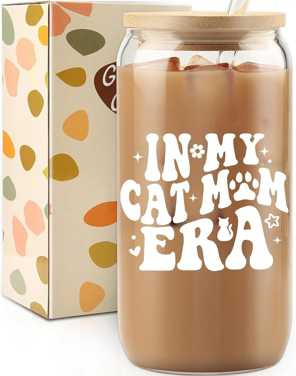 In My  Mom Era Cup, Birthday Gifts for  Mom Ice Coffee Cup, Mother's Day , Kitty Mama Glass Cup, Cats Mum Glass Tumbler Can,  Pet Owner Presents, 16oz with  Lid and Straw