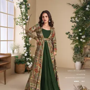 Georgette Silk Hand Embroidered Work Long Dress with Rich Green Base & Intricate Floral Embellishments