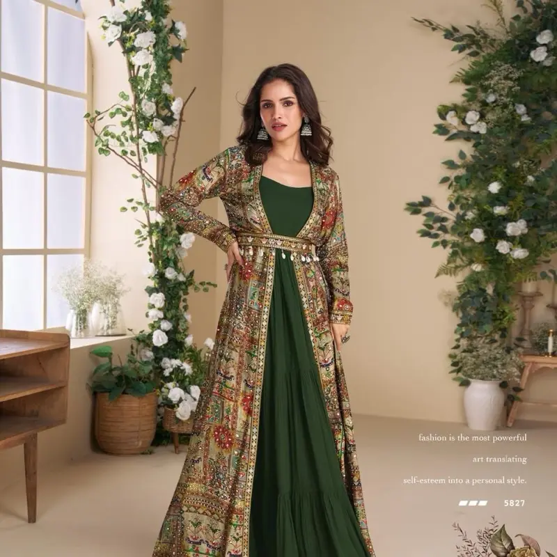 Georgette Silk Hand Embroidered Work Long Dress with Rich Green Base &  Intricate Floral Embellishments - TikTok Shop