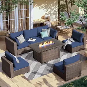 Grezone Patio Furniture Set,Outdoor Sectional Patio Furniture Set with 42" Fire Pit Table,All-Weather Rattan Wicker Sofa Couch for Garden Backyard Deck Poolside【1/2/3/4 packages shipping】