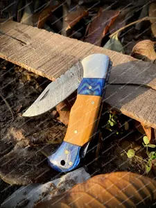 Damascus Steel Folding Pocket Knife - Orange Wood Handle, 7" with leather Sheath For Hunting & Camping