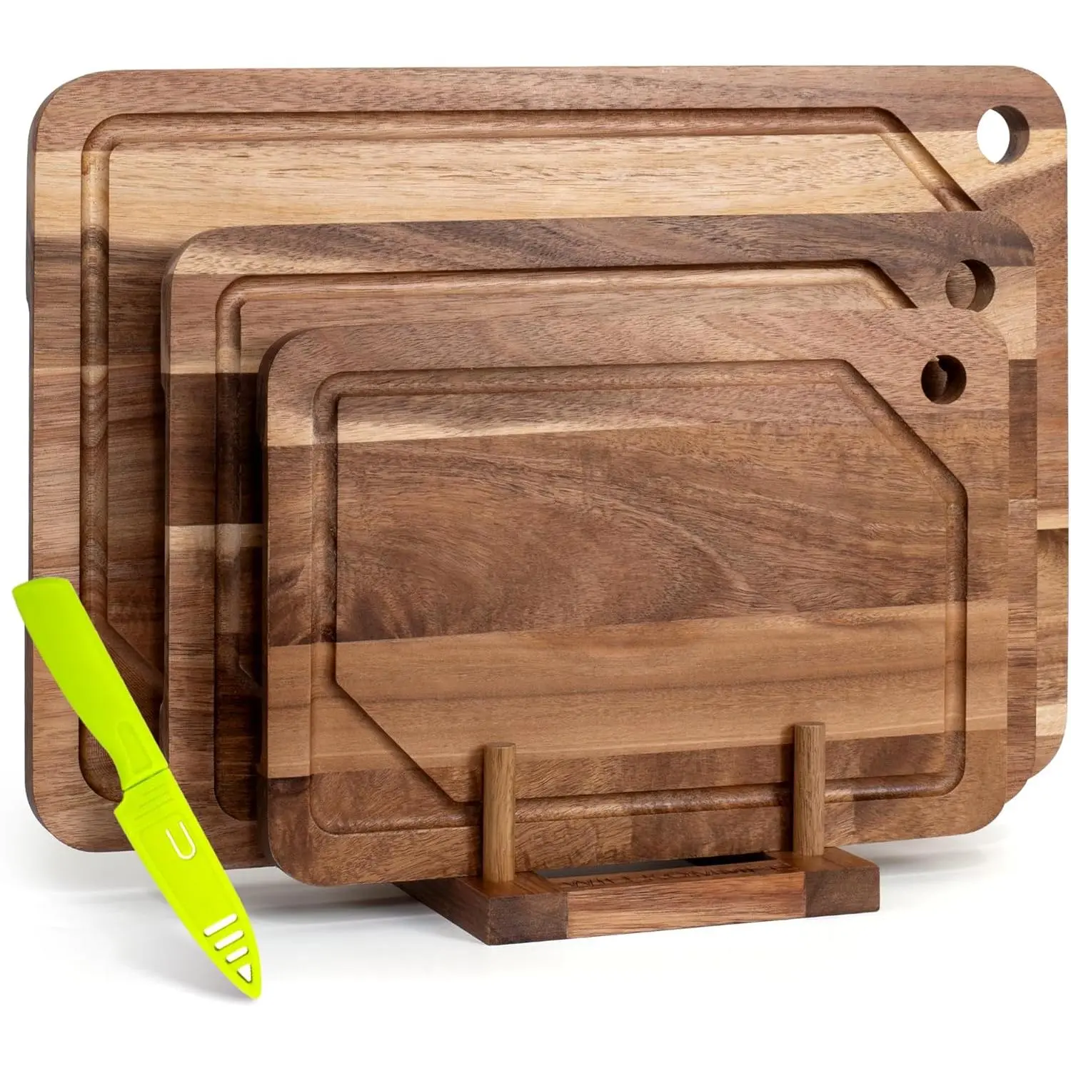 Acacia   Board for Kitchen, 3- Chopping Boards Set with Stand, Juice Groove, Handles & Hanging Holes, Butcher Block for Meat, Vegetables (Small, Medium, Large)
