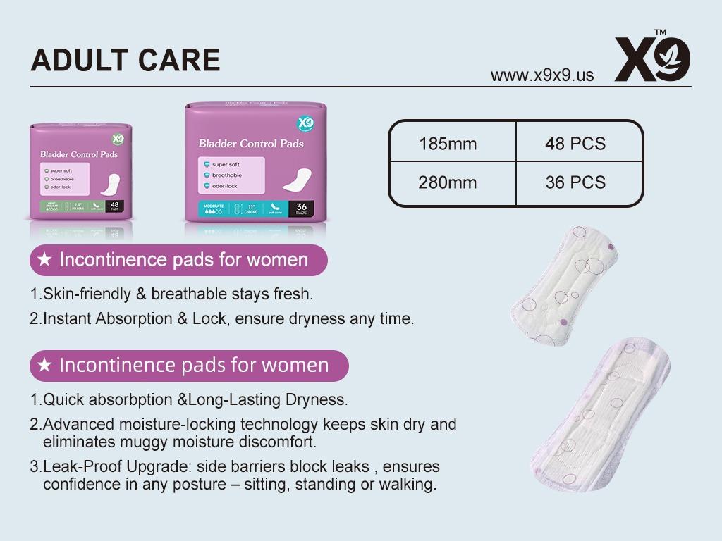 X9 Bladder Control Pads for Women, Moderate Absorbency Incontinence Pads, Disposable Postpartum Bladder Leak Protection, Super Soft Breathable Odor Lock Pads, 36 /48Count