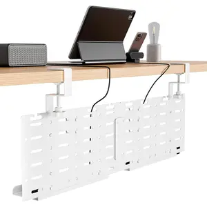 Under Desk  Management Tray, 30.2" Vertical Metal Pegboard Organizer for Power Strip, Cables, Clamp  Cord Organizer Rack with Hooks, Trays &  Straps for  Office, White