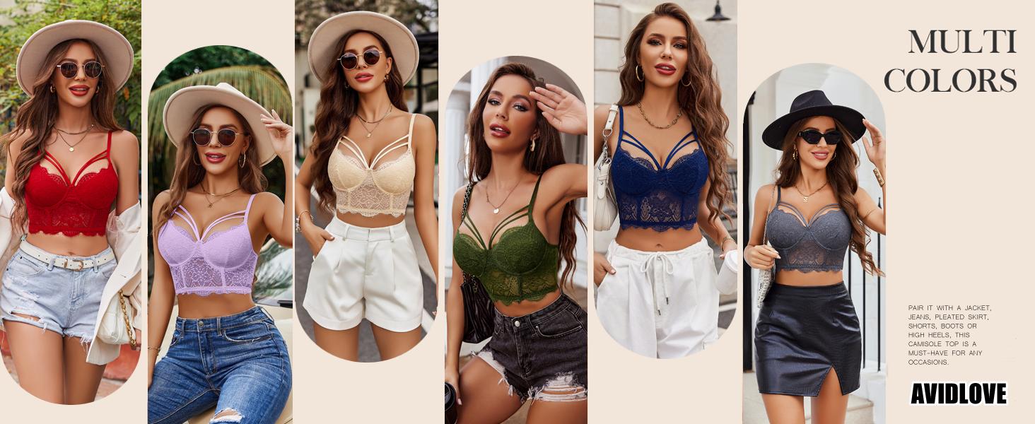 Avidlove Lace Bralette for Women V Neck Camisoles Adjustable Strap Two Layer Crop Top Bustier Tops Floral Pattern Backless Breathable Blazer Womenswear