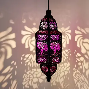 Moroccan-Inspired Solar Lantern: Solar Outdoor Lights Hollow Iron Hexagonal Design - Halloween Decorations Outdoor Hanging Light W/ Carnation, Rose & Daffodil Projections for Landscape