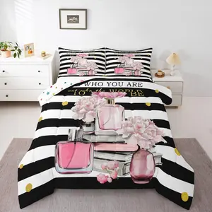 Pink Bedding Set,Girly Boho Fashion Preppy Cute Comforter,Geometric Modern Black and White Stripe Duvet Insert