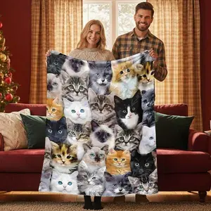 Cute Cat Pattern Blanket, Soft Comfortable Throw Blanket, Air-conditioned Room Blanket, Warm Nap Blanket for Home & Office, Fluffy Blanket