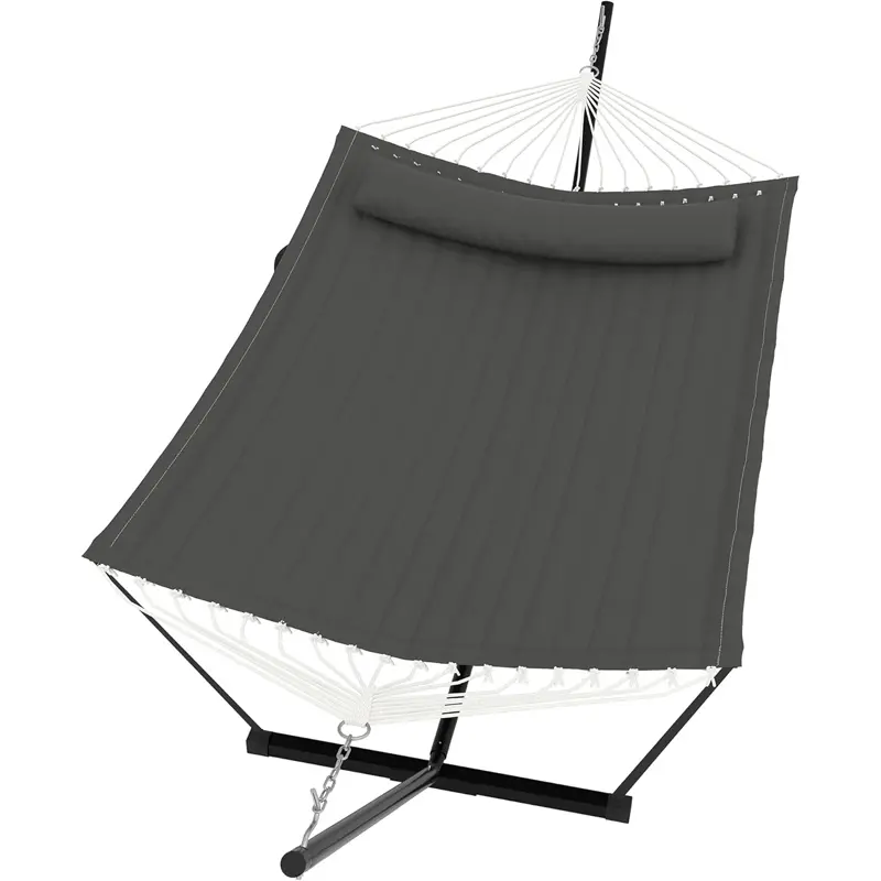 2-Person Cotton Fabric Hammock for Friends & Family, 3.6m Large Outdoor Patio Swing Bed with Wooden Spreader Bar, Detachable Pillow, Adjustable Chains, T-Shaped Bracket, 204kg Capacity, Suspension Swing Hammocks