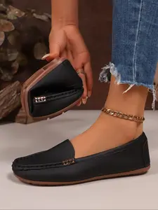 Women's Square Toe Loafers Slip-On Ballet Flats, Casual Flats, Comfortable PU Leather Work Shoes, Fashion Office Footwear, All Seasons