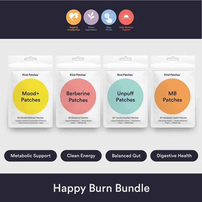 Kind Patches Happy Burn Bundle, Mood+ Patches + MB Patches + Berberine Patches + Unpuff Patches, Metabolic/Mood Support, Clean Energy, Balanced Gut, Digestive Health, Natural Ingredients, Vegan