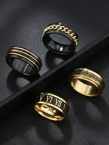 4PCS Men's Black & Gold Tone Ring Set, Spinner Chain/Stripe/Celtic Knot/Roman Numeral Design, Hypoallergenic & Fade Resistant, Trendy Stackable Rings, fashionable jewelry, for Daily, Party & Dating Wear