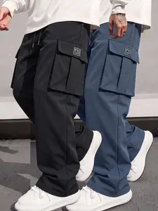 Streetwear Baggy Cargo Pants For Men, Hip Hop Loose Wide Leg Fit, Draw Cord Mid Waist, Tag Decor Big Flap Pockets, Wrinkle Resist Solid Color Long Trousers
