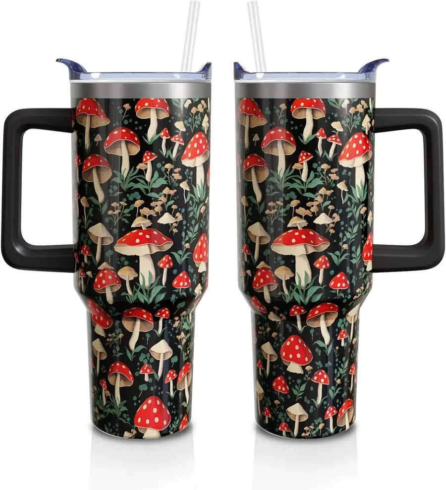 40oz Goth Red Mushroom Insulated Stainless Steel Coffee Tumbler Mug Bottle Flask - Grandma-Friendly Portable Indoor Drink Container for Plant Lovers, Teacher with Handle, Straw, Lid (1PC), Flasks