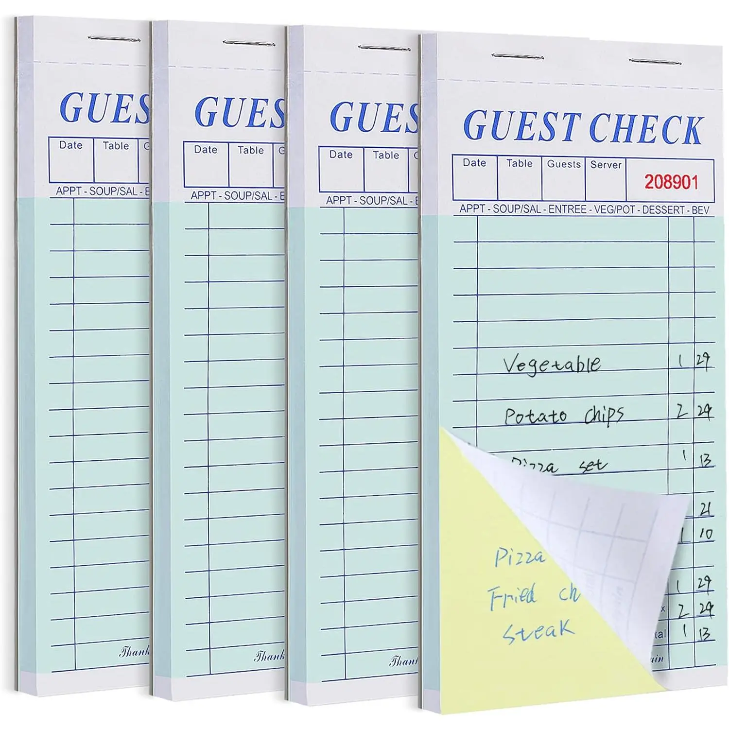 4 Pack Server Note Pads, Double Part Guest Check Books for Servers, Waitress Notepad for Restaurants  Order, 100 Sheets/Pad, Carbon Copy for Guest Checks