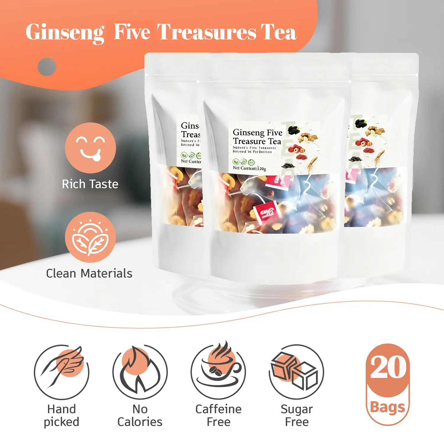 Ginseng 5-Treasure Nourishing Tea Bags, Natural Blend Caffeine-Free Healthy Drinks for Men, Clean Materials Rich Taste, 20 Bags with Wolfberry, Chinese Herbal Wellness Christmas Gift