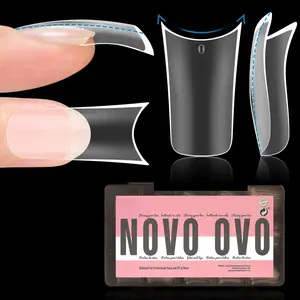NOVO OVO Extra Thick Duck Feet Nail Tips Full Cover for Press on Acrylic with Moon Curve, Medim Long Clear Pre-Etched Matter Flare Wide French Soft Gel Fake False Nail Extension x 15 Sizes 150 pcs【NO GLUE ,TOP COATAND LAMP INCLUDED】