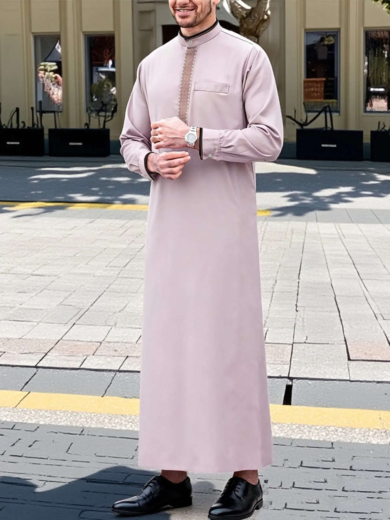Men's Middle Eastern Traditional Casual Clothing, Light Long Sleeve Stand Collar Embroidered Modesty Collared Style Islamic Thobe Robe For Muslim, Ramadan Eid Festival Wear, Traditional Arabic Robe