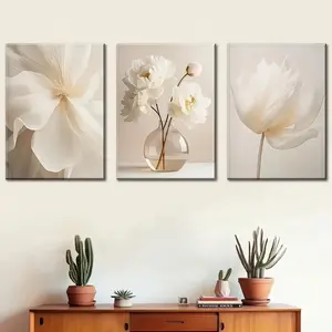 3 Pieces 2D Flat Modern Aesthetic Beige Pure White Flower Canvas Painting Easy to Hang Artistic Gift Choice for Home Office Bathroom Living Room Bedroom Cafe Restaurant Wall Hanging Art Decoration Gift Print