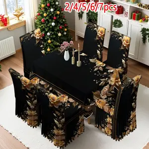 2/4/6/5/7 pieces of fashionable and high-end chair cover and tablecloth sets, thickened chair cover and tablecloth sets (1 tablecloth + 4 chair covers or 1 tablecloth + 6 chair covers), easy to care for, reusable, for home decoration