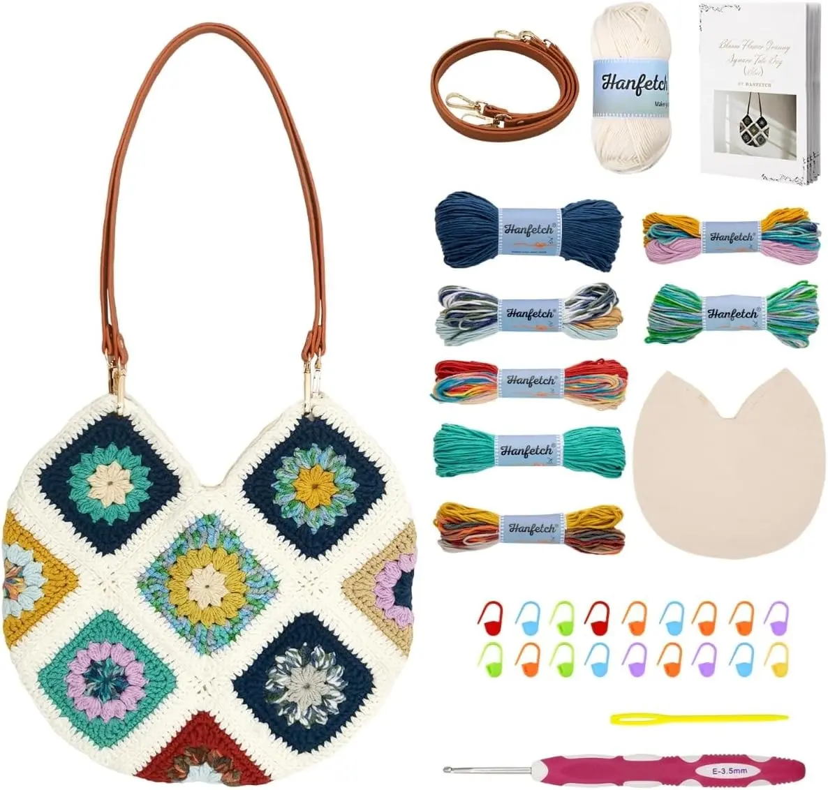 Hanfetch Crochet Kit for Advanced or Intermediate Beginner, Step by Step Video Tutorial and Detailed Guide Instruction DIY Craft Supplies for Adult and Kid with Complete Kit for Granny Square Tote Bag Gift