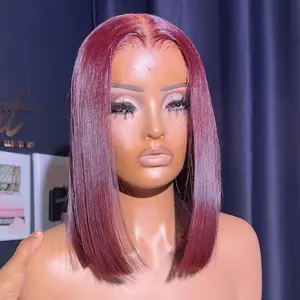 99J Burgundy Colored Human Hair Pre Plucked With Baby Hair HD Transparent Lace Bob Wig BOB Wig 180% Density 13X4 Lace Front Human Hair