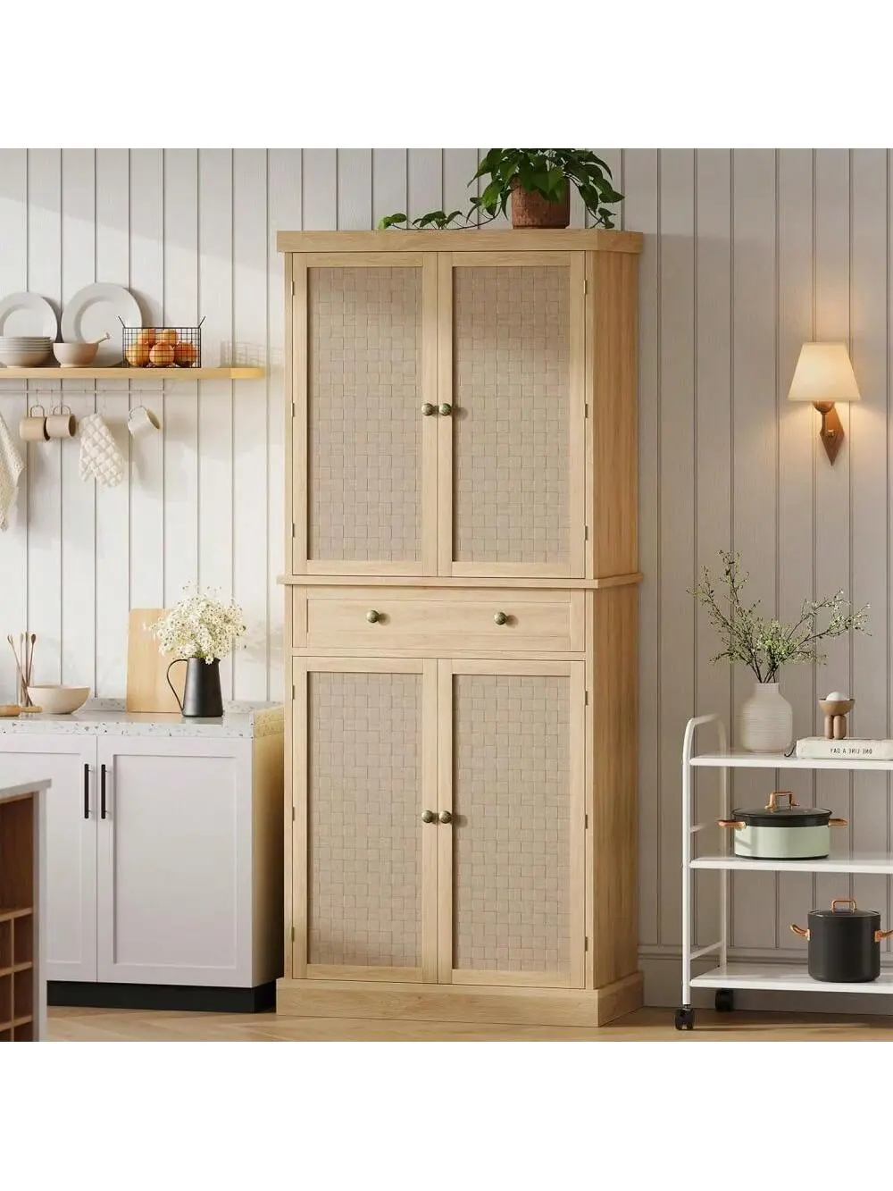 Gaomon 72in Freestanding Rustic Wood Farmhouse Kitchen Pantry Cabinet - Engineered Wood Storage with Drawers, 4 Doors, 4 Adjustable Shelves, Metal Handles, Anti-Tip Base, Natural Finish, Simple Setup, Assembly Required for Dining Room