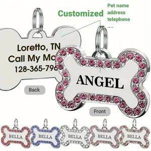 Pet ID Tag with Rhinestones – Personalized Name Tag with Bone Bling Charm