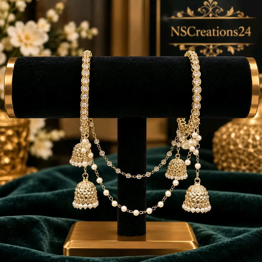 Bridal/semi-bridal Champagne Gold Polki Bangles with Latkan Chain and pearls - Set of 2