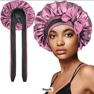 Adjustable strap double layer silk sleep bonnet. Random color select