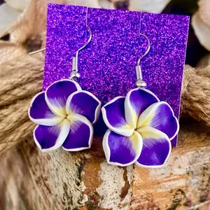 Hawaiian Plumeria Flower Earrings Dangle Silver Tone Frangipani Clay Small Purple   Handcrafted Jewelry
