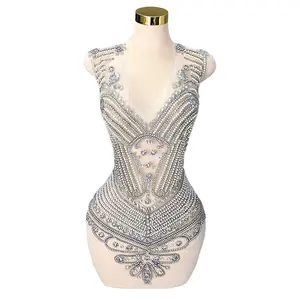 Luxury Handsewing Beaded Rhinestones Bodice Applique Factory Sale Large Size Patches Patches Bridal Prom Dress DIY