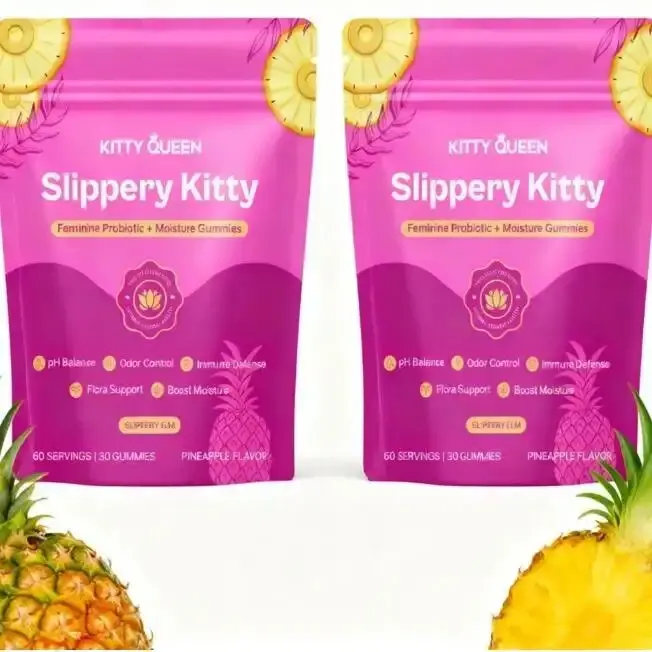 Slippery Kitty Feminine Probiotic + Moisture Gummies - All in One Solution with Slippery Elm 60 Count Pineapple Flavor