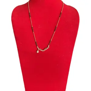 Traditional Cubic Zirconia Magalsutra Necklace with Gold-Tone Chain and Black Beads