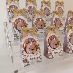 Lion Baby Shower Candle Personalized Souvenir with Gold Bow & Jungle Design Handmade Decorative Box for Baby Showers Home Decor