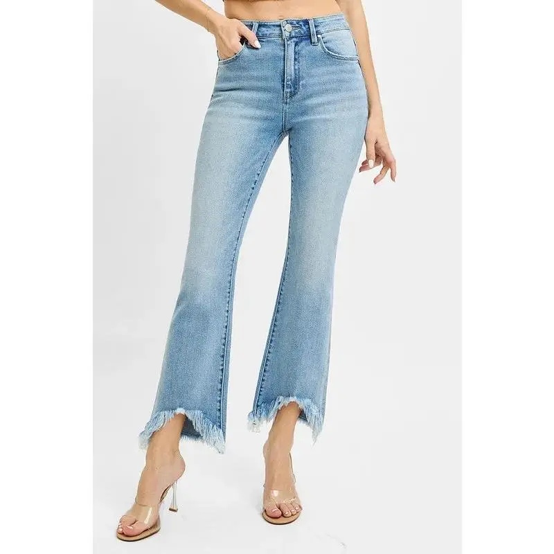 RISEN High Waist Crop Bootcut Fray Hem Light Wash Jeans