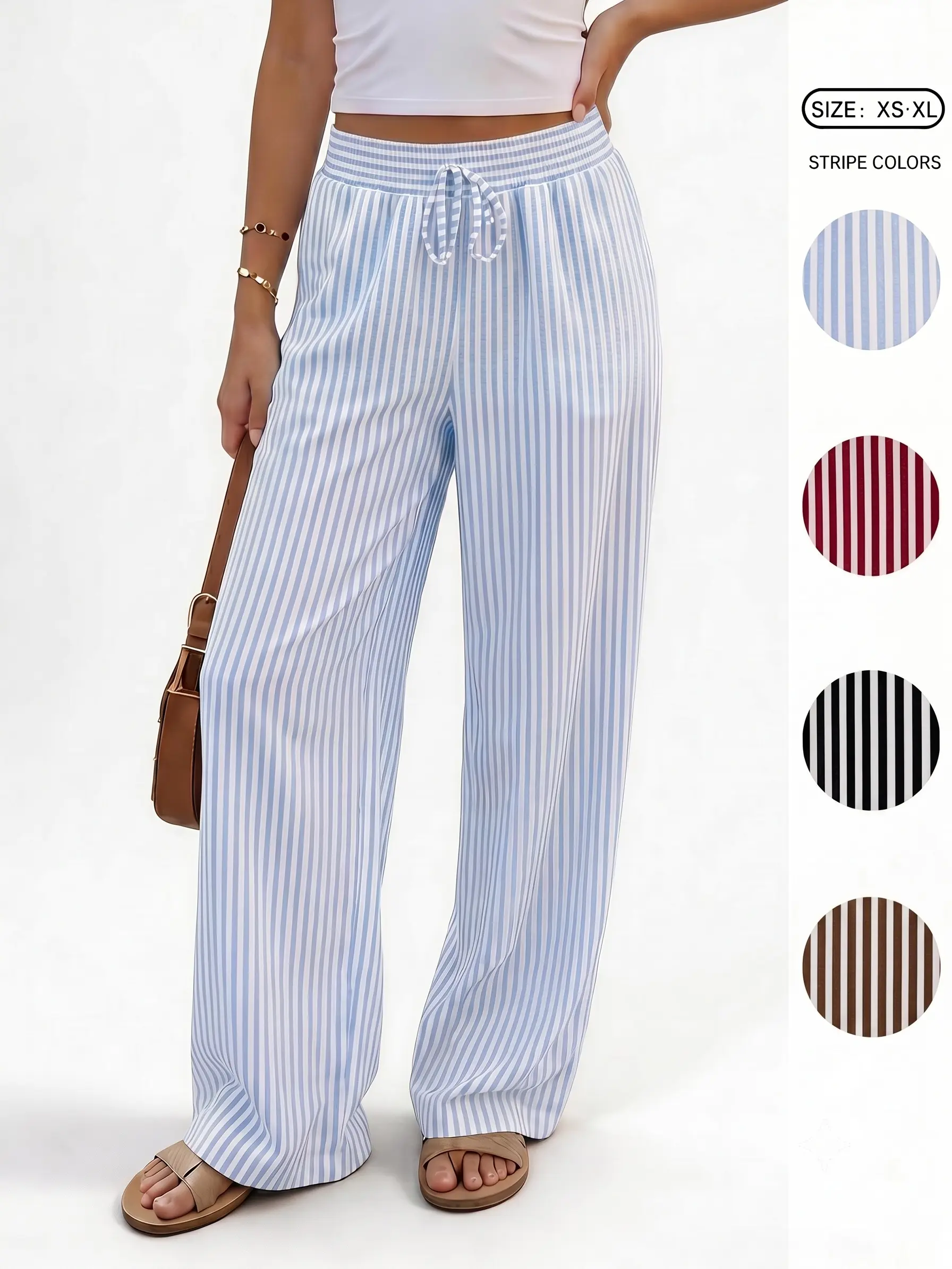 IDEALSANXUN Women's Striped Polyester Baggy Broad-Leg Pants - Blend Fabric Beach Bottoms, Lightweight Loose Elastic Waist with Drawstring, Pockets for Spring Summer Casual Outdoor Wear