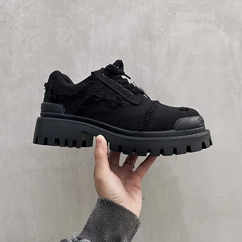 Men's Chunky Platform Derby Sneakers - Thick Non-Slip Rubber Sole Walking Shoes, Laced Mesh-Back Round-Toe Streetwear Casual Trainers, Formal-Casual All-Season Footwear for Business, Parties (Black), Mesh-Back Casual Trainers