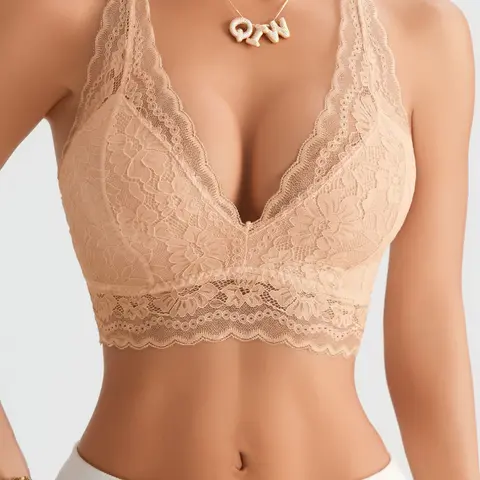 Women's Sexy Lace Bra, V-Neck Backless Wireless Bra, Breathable Soft Comfortable, Elegant, All Season Sleepwear, Medium Support