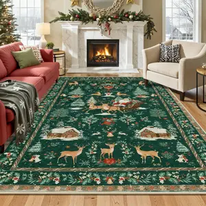 Christmas Gift Creative Snow House Reindeer Print Carpet, Nordic Style Washable Non-Slip Large Area Boho Rug for Living Room Bedroom Decor