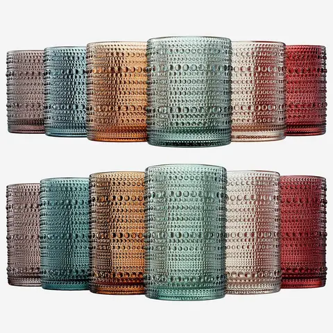 Khen Hobnail Beaded Highball Drinking Tumbler Glasses | Set of 12 | Color, Vintage Bubble Design Whiskey Glassware, Old-Fashioned, Embossed Design for Water, Wine, Cocktail Embossed, Rocks Glass