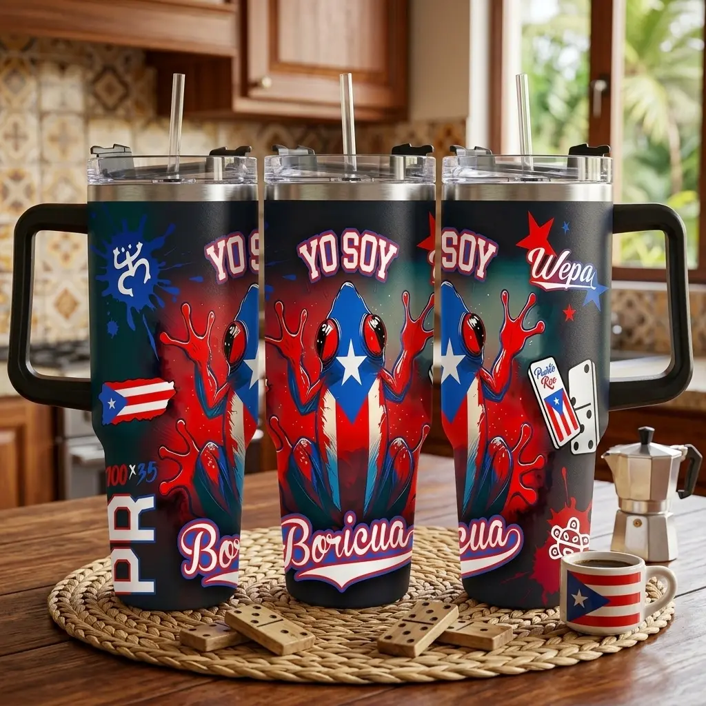Puerto Rico Frog Car Cup (40oz/30oz) Boricua Wepa Flag Print Stainless Steel Vacuum Insulated Leakproof Travel Mug For Road Trips Office Gym Camping Latino Festival Gift