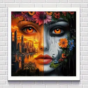 5D Diamond Painting Kit - Dual-Faced Surreal Woman with Cityscape & Nature Under Dual-Tone Sunset & Rainy Sky, Surreal Art Style with Vibrant Flowers & Melting Tears Accents, Full Round Acrylic Drill Surrealism Mosaic Art, DIY , Frameless