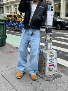 Men's Wide-Leg Light Blue Denim Jeans, Casual Loose-Fit Straight Leg Pants, All-Season Plain Style, Comfortable & Versatile